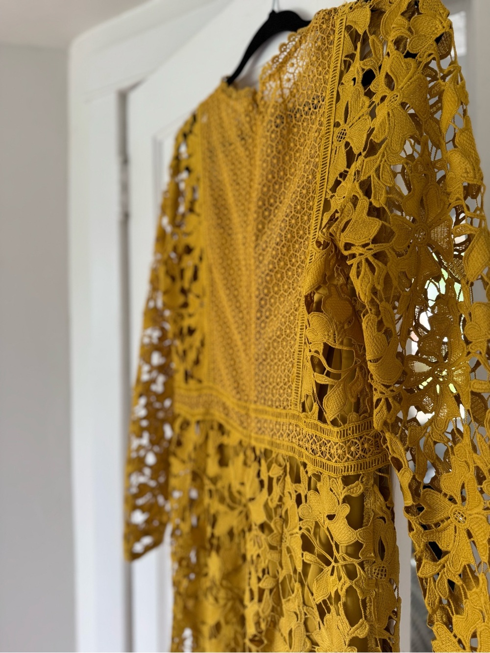 ASOS Mustard Lace Long Sleeve Panelled Dress - Picture 9 of 12